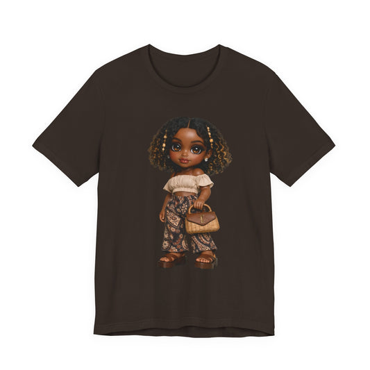 Afro Chic Doll Graphic Tee - Cute Brown Girl Illustration T-Shirt