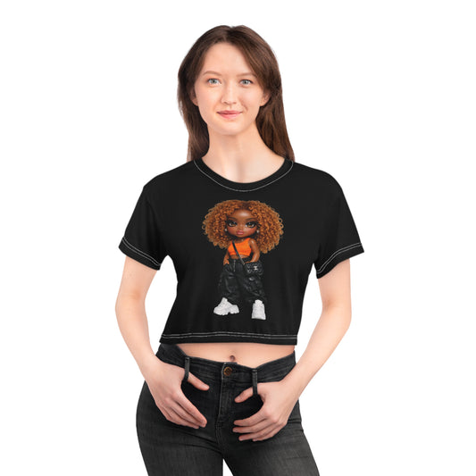 Crop Tee — Curly Brown Doll Graphic Crop Tee (Cute Urban Girl Aesthetic)
