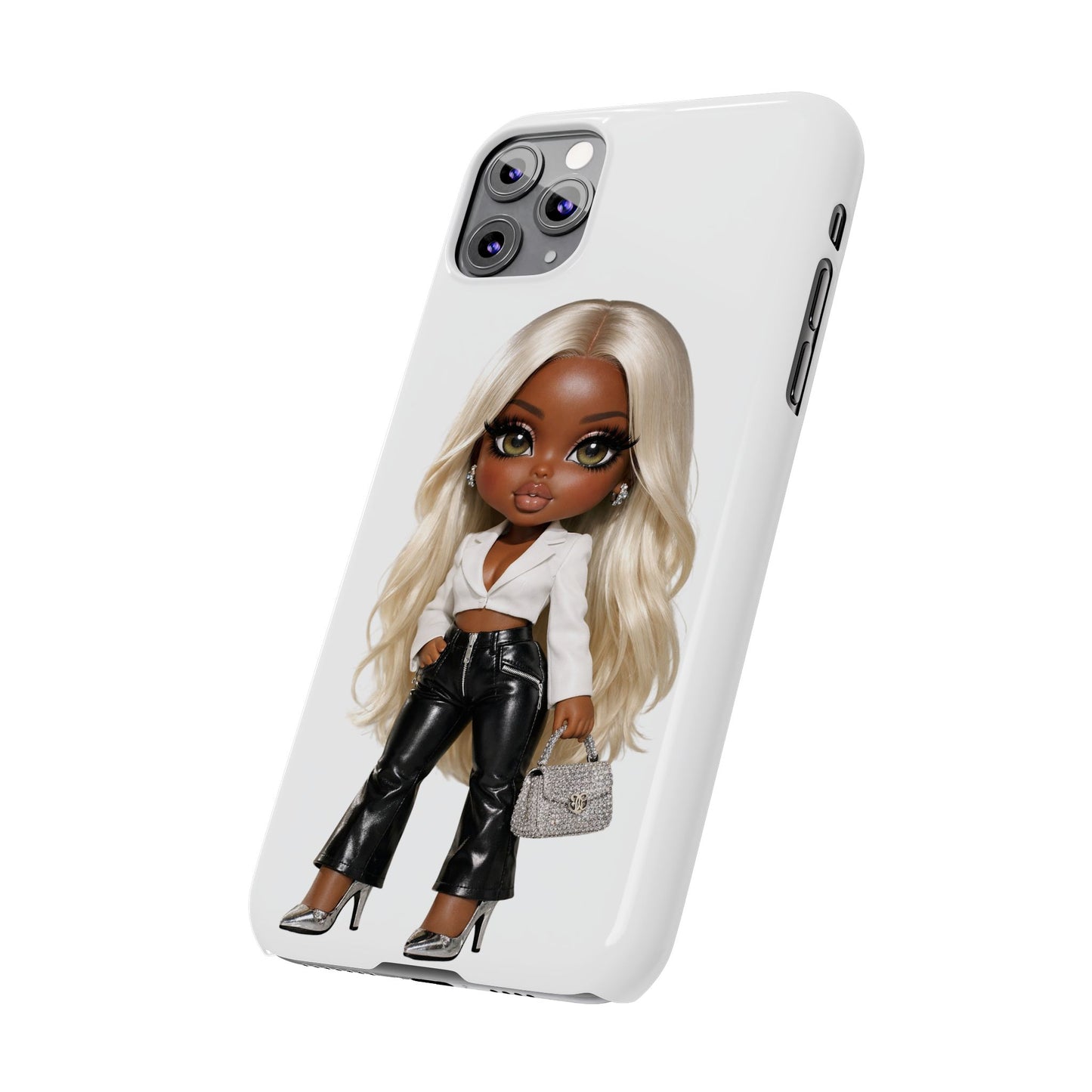 Slim Phone Case — Fashion Doll Girl with Blonde Hair, Leather Pants & Silver Handbag