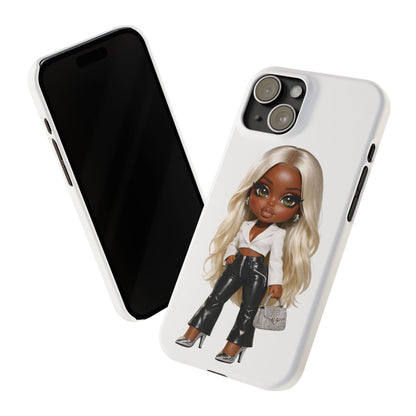 Slim Phone Case — Fashion Doll Girl with Blonde Hair, Leather Pants & Silver Handbag