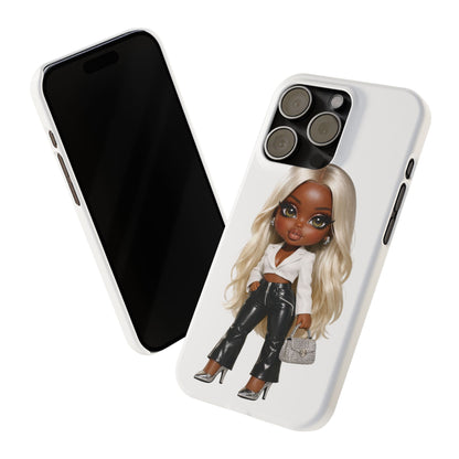 Slim Phone Case — Fashion Doll Girl with Blonde Hair, Leather Pants & Silver Handbag