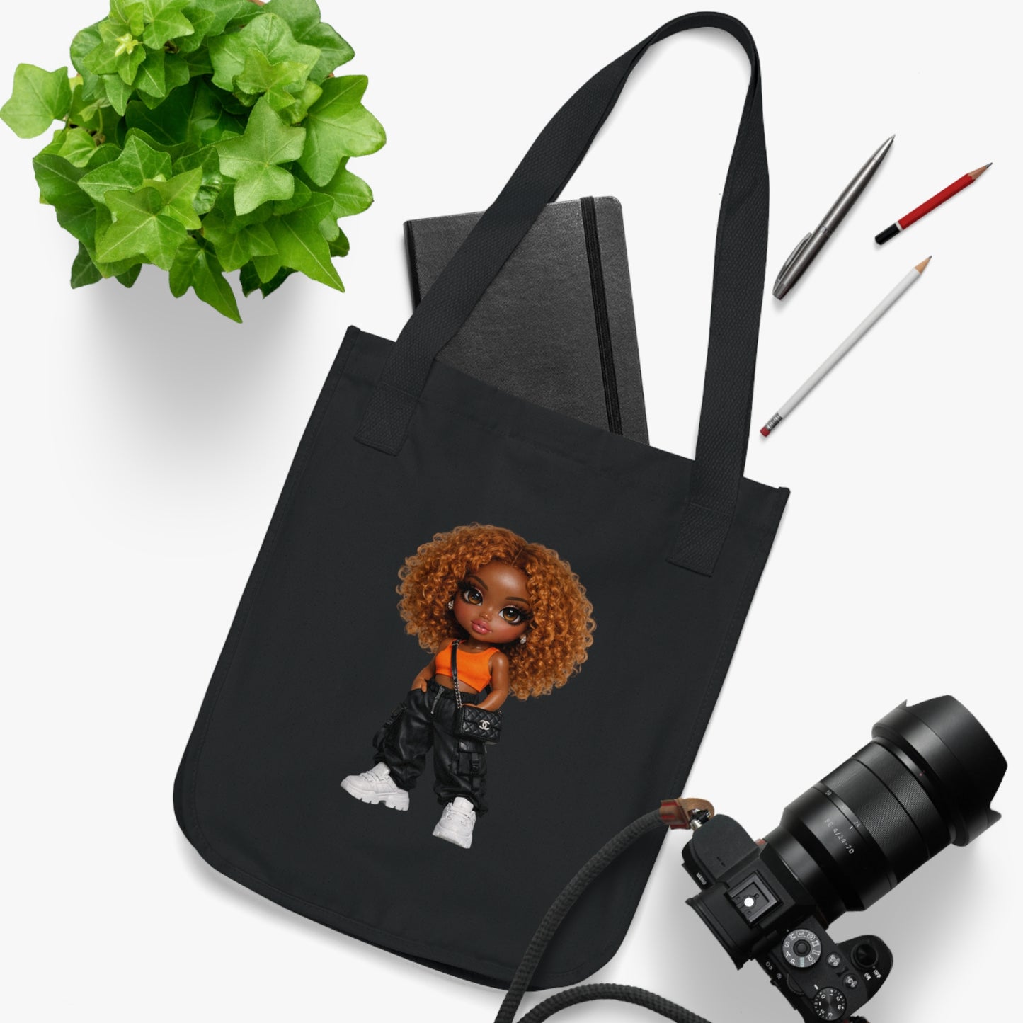 Tote Bag — Cute Cartoon Black Girl Doll Graphic Organic Canvas Tote