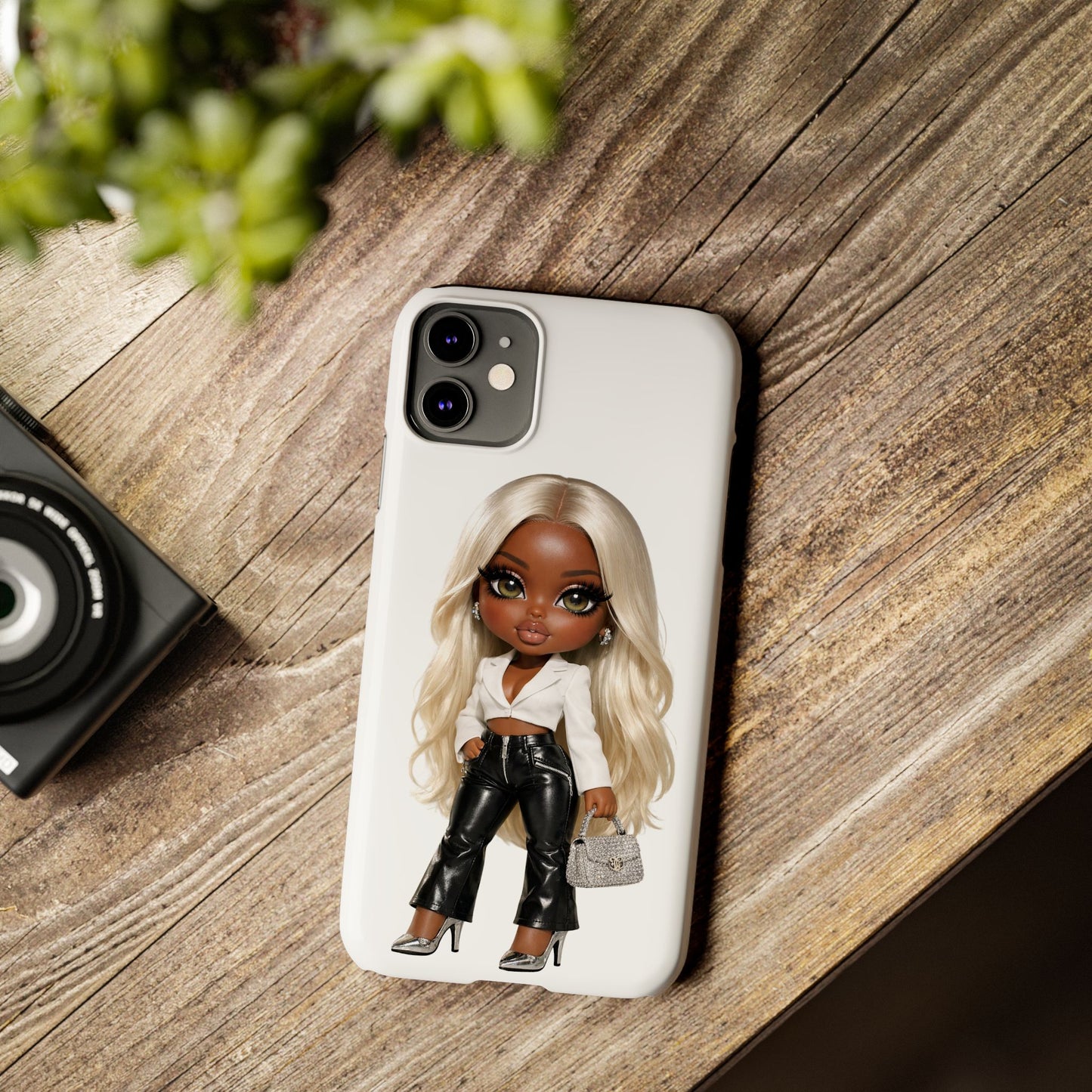 Slim Phone Case — Fashion Doll Girl with Blonde Hair, Leather Pants & Silver Handbag