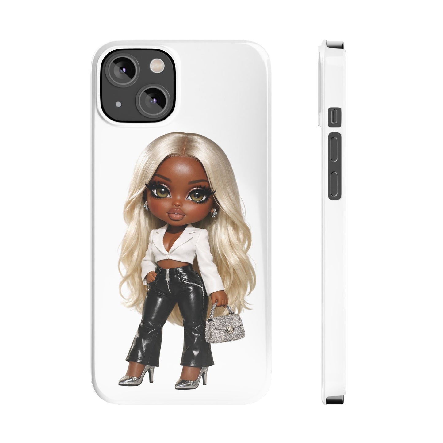 Slim Phone Case — Fashion Doll Girl with Blonde Hair, Leather Pants & Silver Handbag