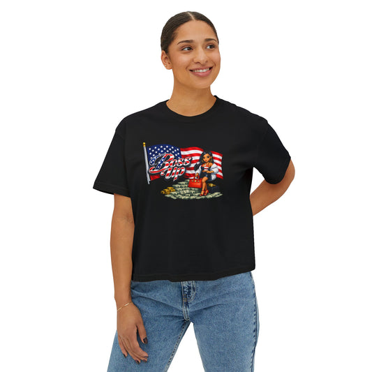 Patriotic Pin-Up Boxy Tee – American Flag 'God Bless' Retro Graphic Shirt