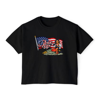 Patriotic Pin-Up Boxy Tee – American Flag 'God Bless' Retro Graphic Shirt