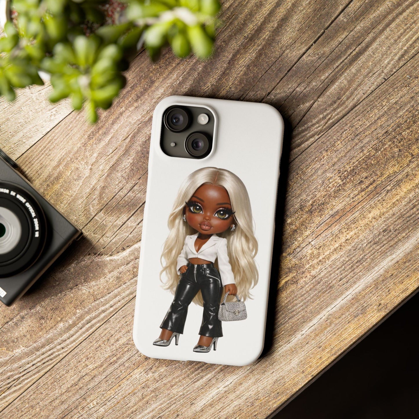 Slim Phone Case — Fashion Doll Girl with Blonde Hair, Leather Pants & Silver Handbag