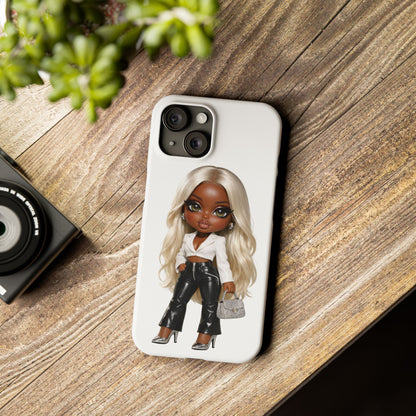 Slim Phone Case — Fashion Doll Girl with Blonde Hair, Leather Pants & Silver Handbag