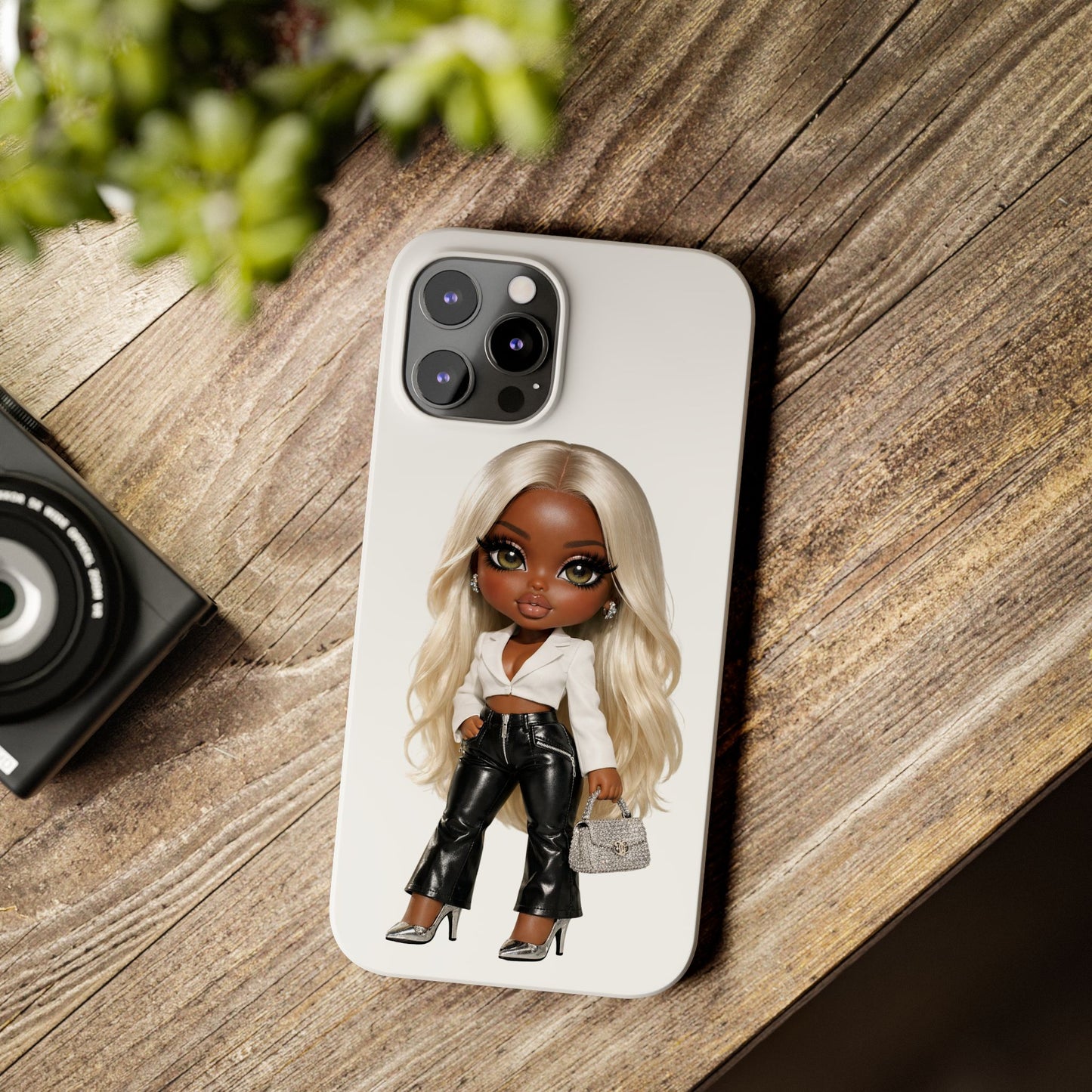 Slim Phone Case — Fashion Doll Girl with Blonde Hair, Leather Pants & Silver Handbag