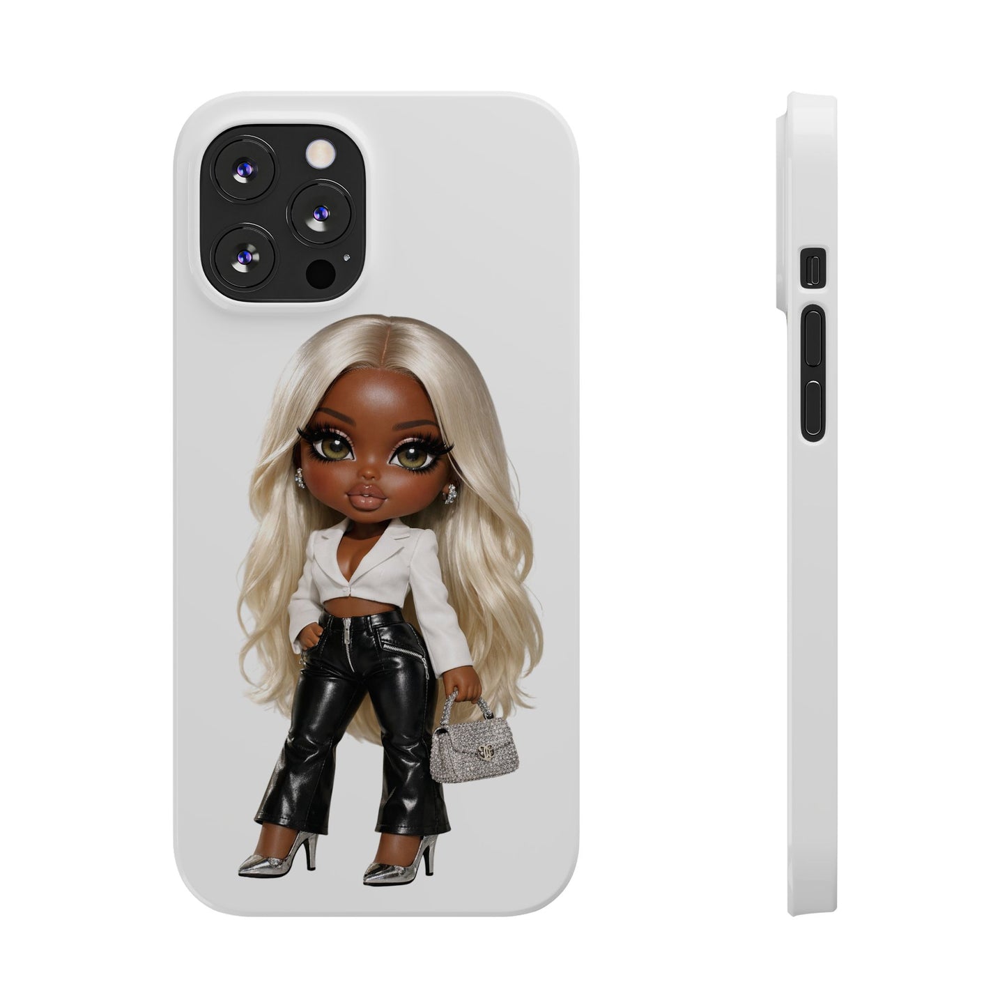 Slim Phone Case — Fashion Doll Girl with Blonde Hair, Leather Pants & Silver Handbag