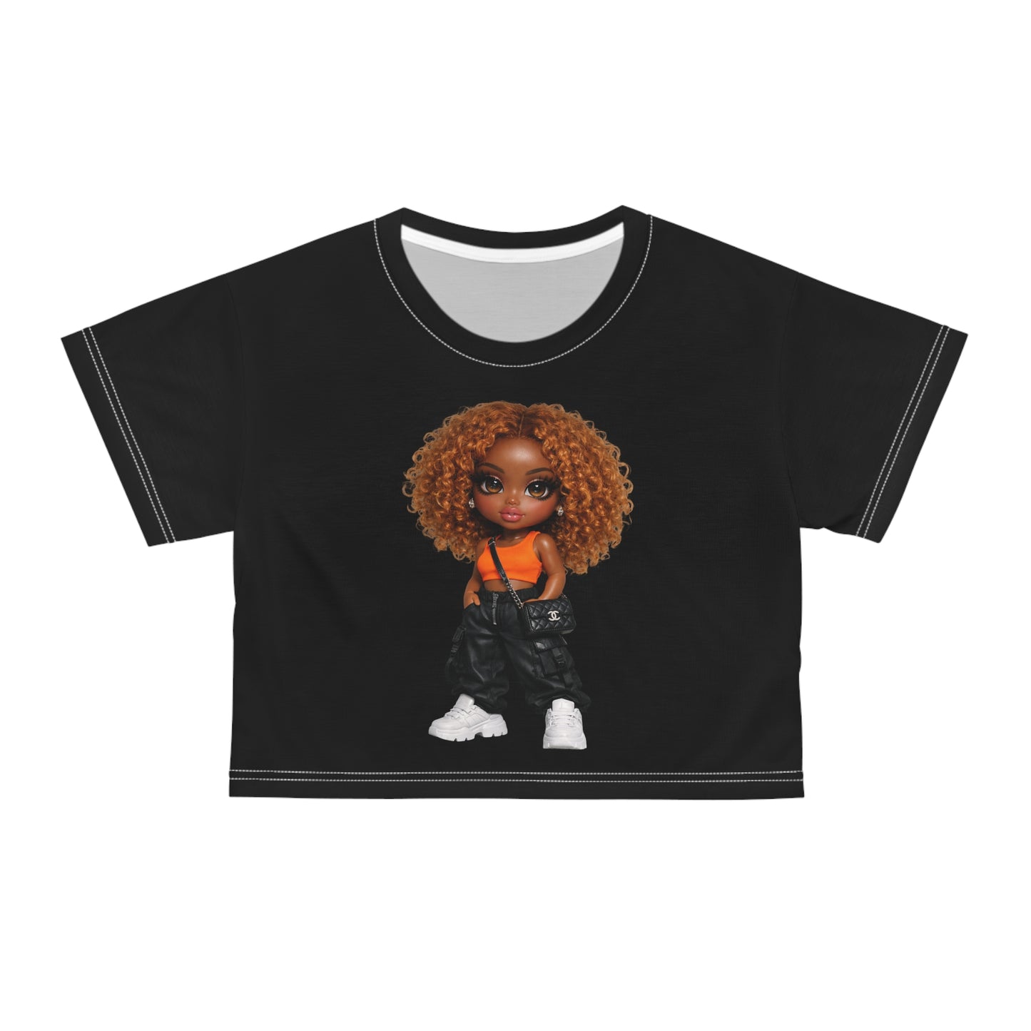 Crop Tee — Curly Brown Doll Graphic Crop Tee (Cute Urban Girl Aesthetic)