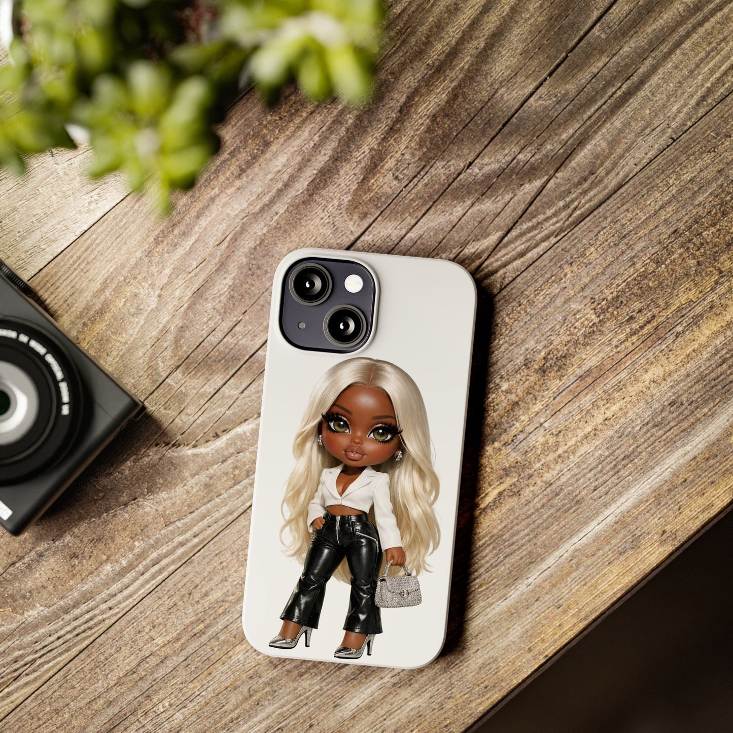 Slim Phone Case — Fashion Doll Girl with Blonde Hair, Leather Pants & Silver Handbag