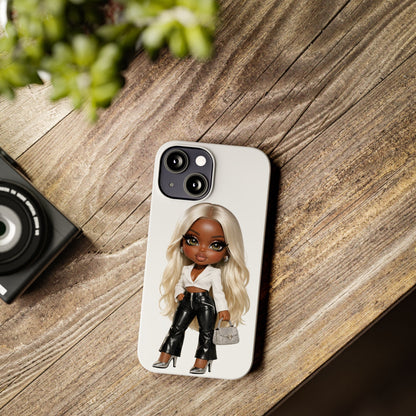 Slim Phone Case — Fashion Doll Girl with Blonde Hair, Leather Pants & Silver Handbag