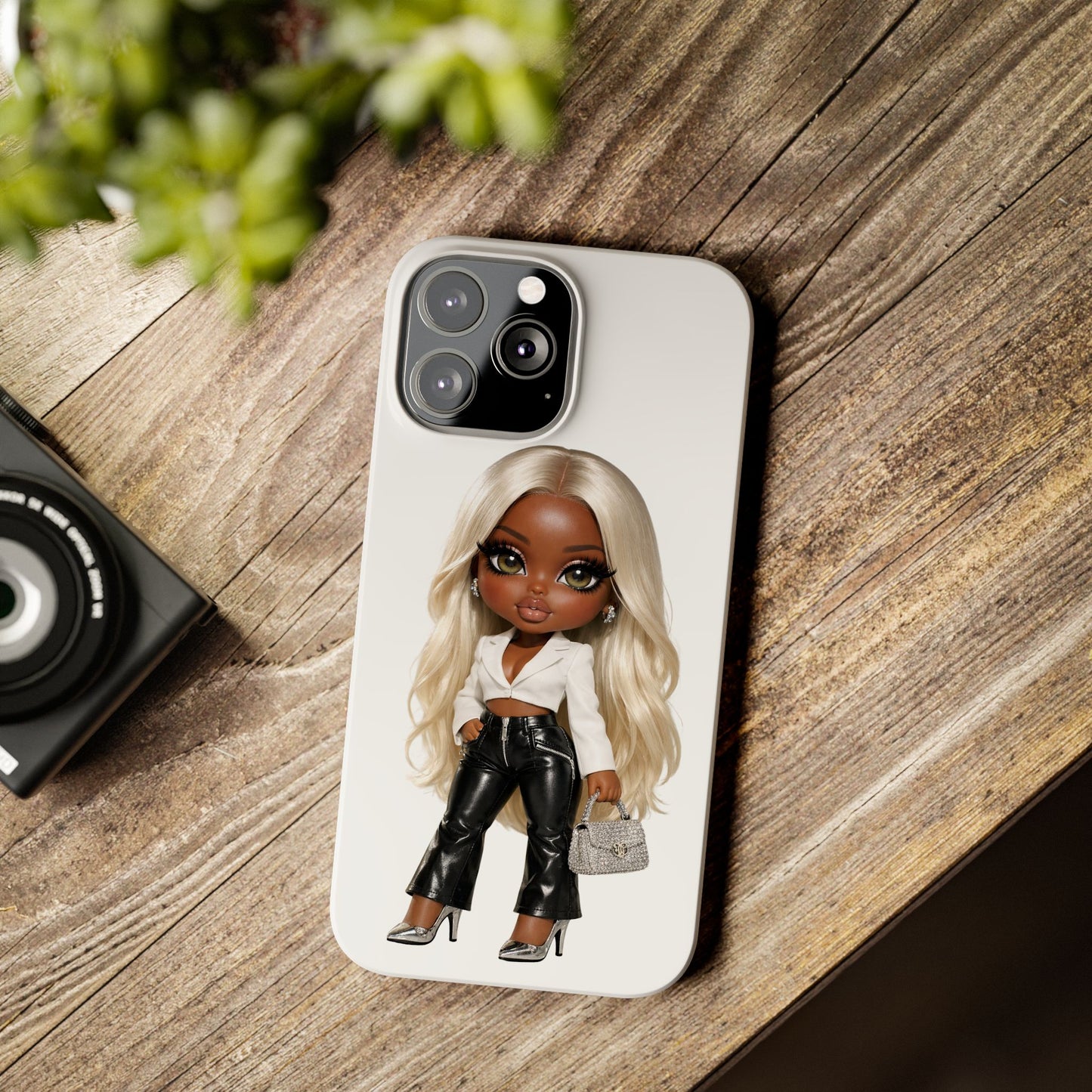 Slim Phone Case — Fashion Doll Girl with Blonde Hair, Leather Pants & Silver Handbag