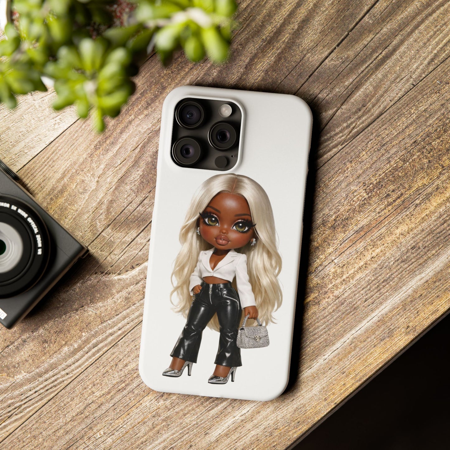 Slim Phone Case — Fashion Doll Girl with Blonde Hair, Leather Pants & Silver Handbag