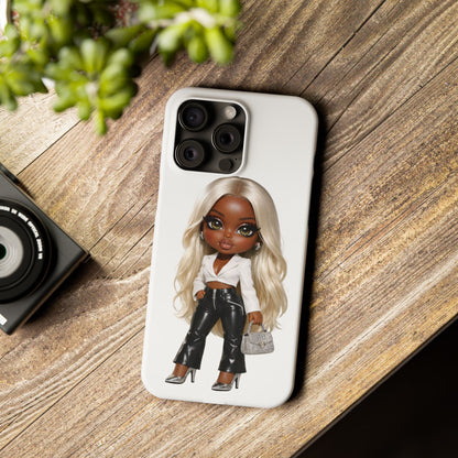 Slim Phone Case — Fashion Doll Girl with Blonde Hair, Leather Pants & Silver Handbag