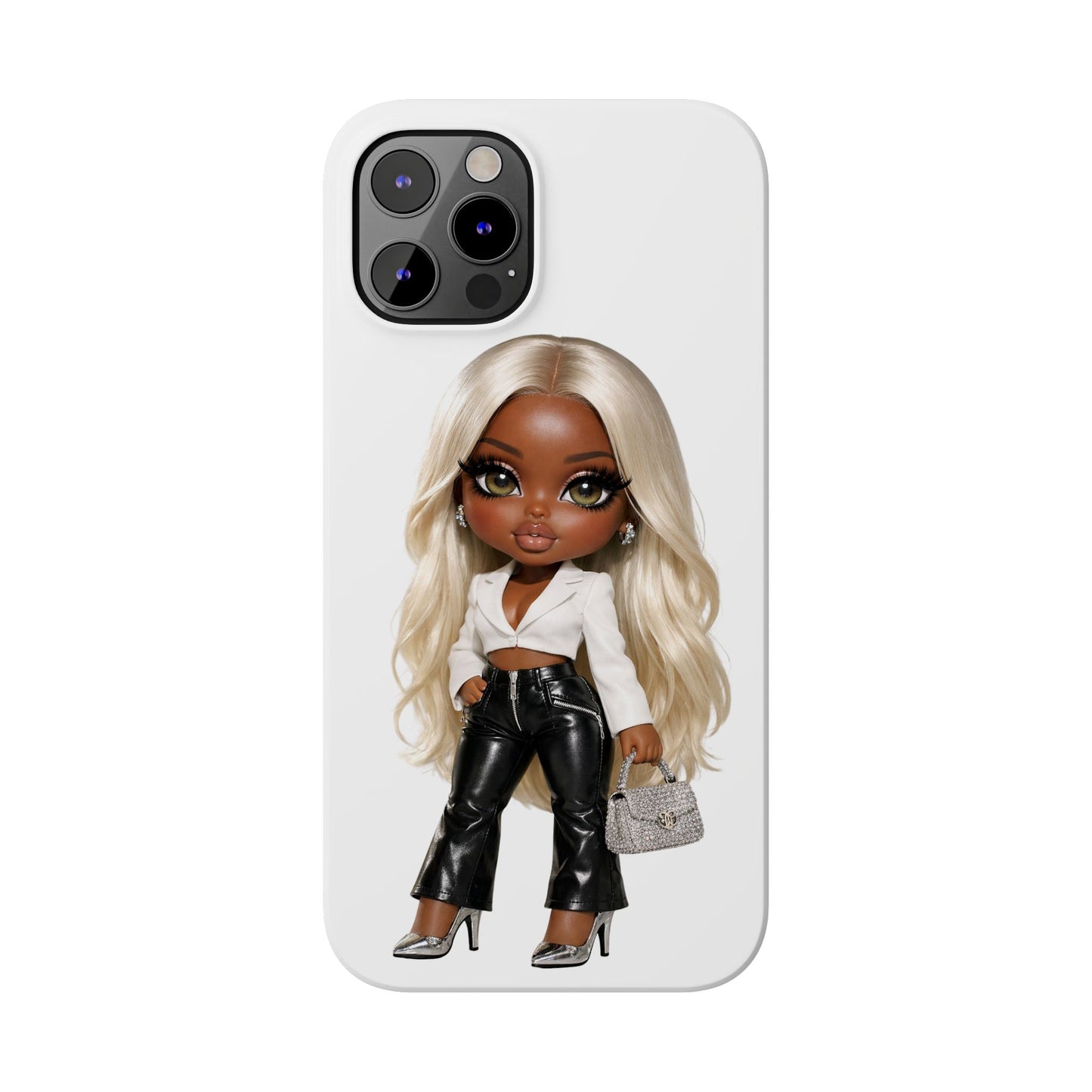 Slim Phone Case — Fashion Doll Girl with Blonde Hair, Leather Pants & Silver Handbag