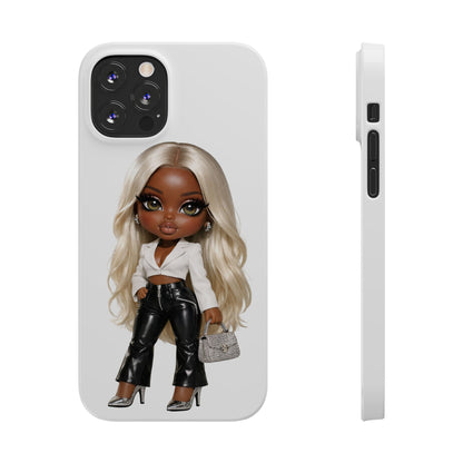 Slim Phone Case — Fashion Doll Girl with Blonde Hair, Leather Pants & Silver Handbag