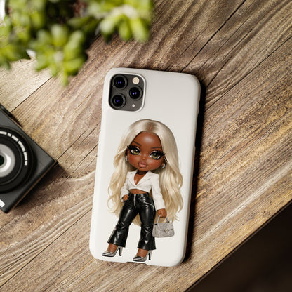 Slim Phone Case — Fashion Doll Girl with Blonde Hair, Leather Pants & Silver Handbag