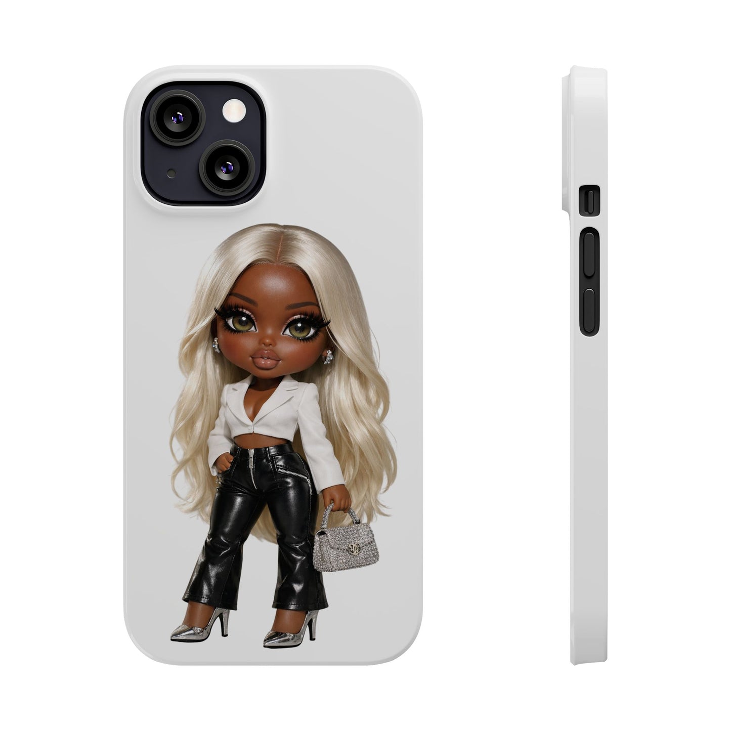 Slim Phone Case — Fashion Doll Girl with Blonde Hair, Leather Pants & Silver Handbag