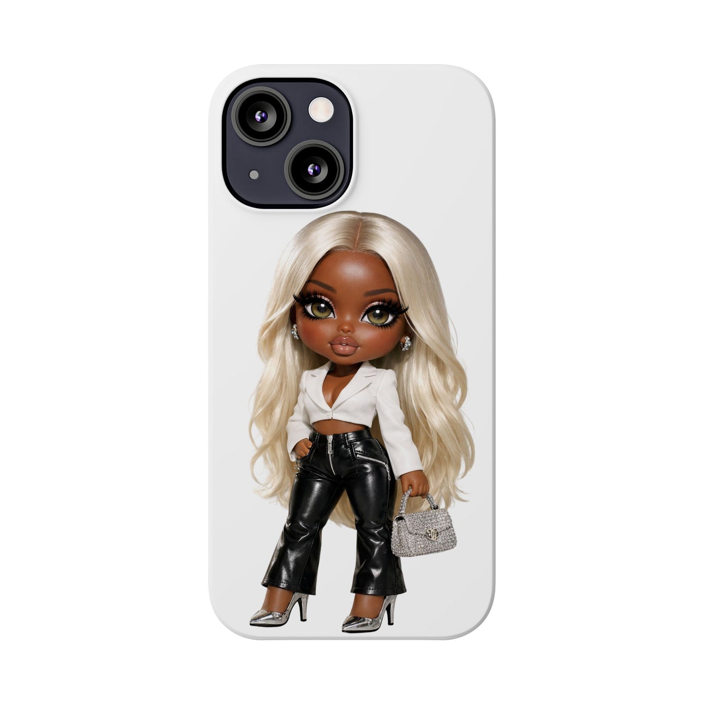 Slim Phone Case — Fashion Doll Girl with Blonde Hair, Leather Pants & Silver Handbag