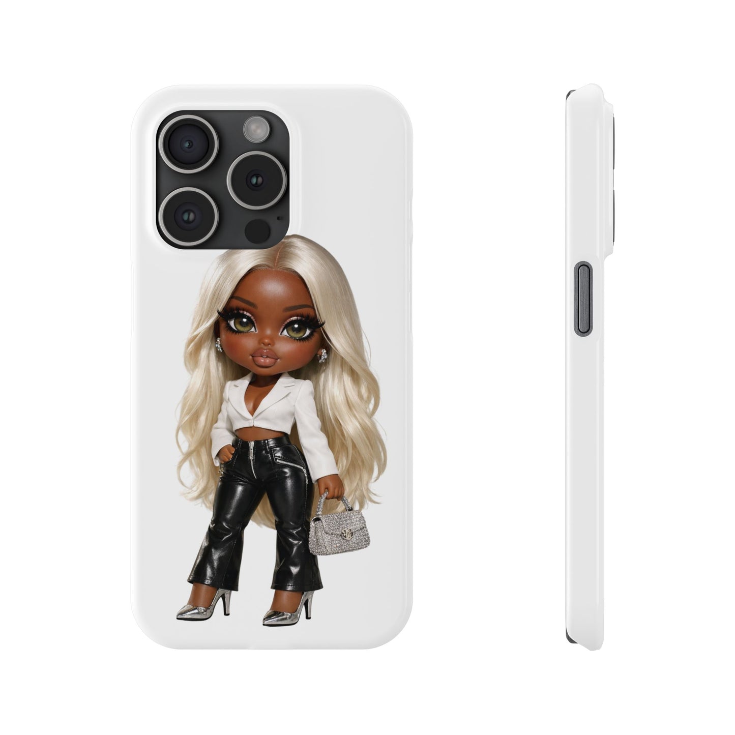 Slim Phone Case — Fashion Doll Girl with Blonde Hair, Leather Pants & Silver Handbag