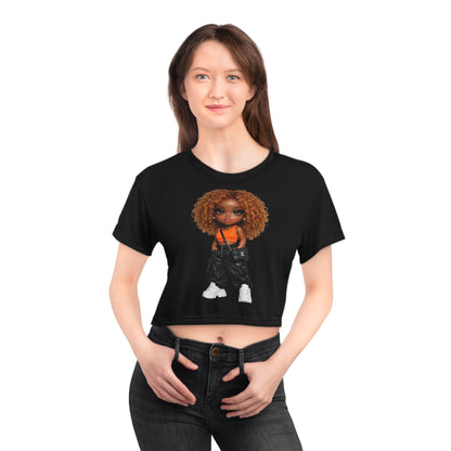 Crop Tee — Curly Brown Doll Graphic Crop Tee (Cute Urban Girl Aesthetic)
