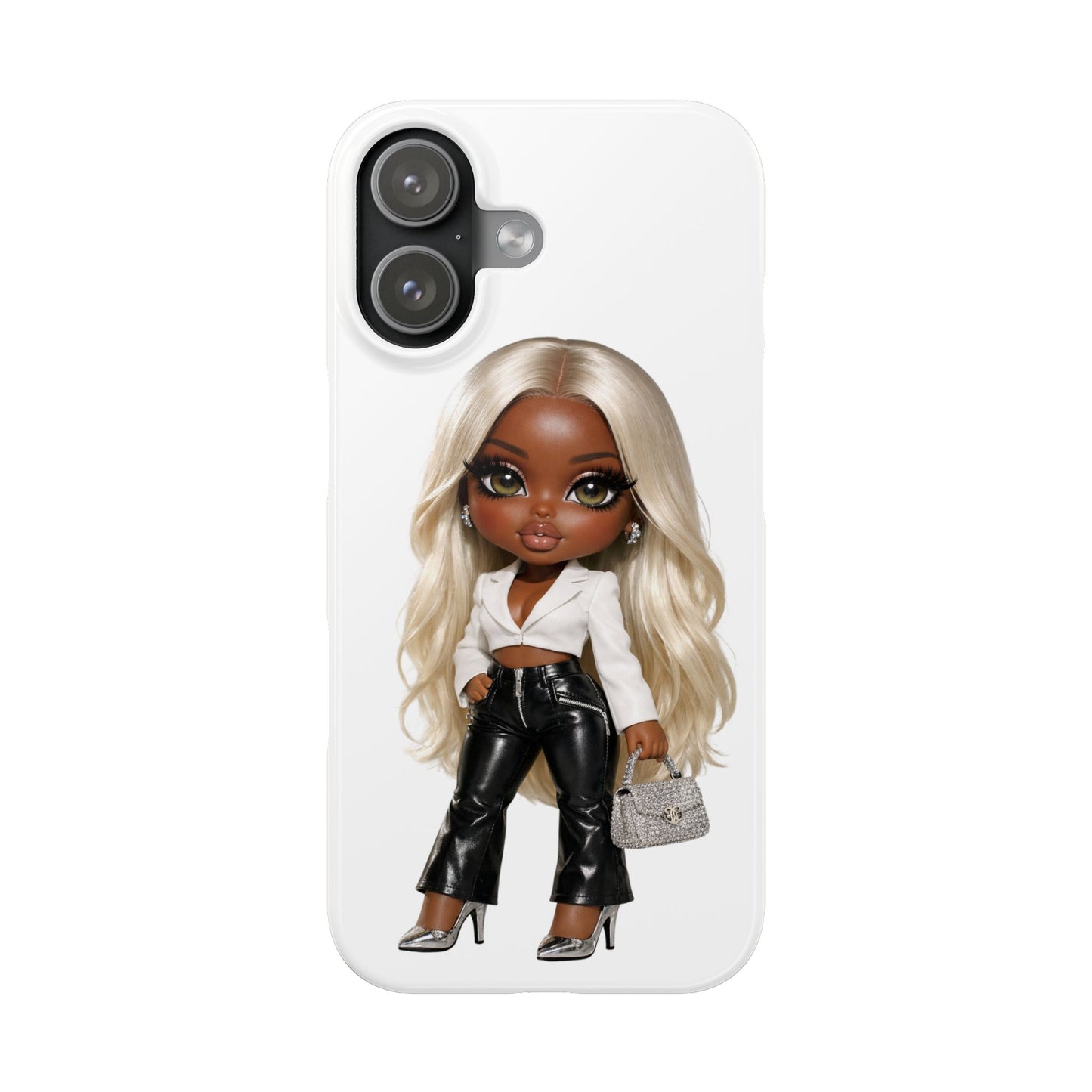 Slim Phone Case — Fashion Doll Girl with Blonde Hair, Leather Pants & Silver Handbag