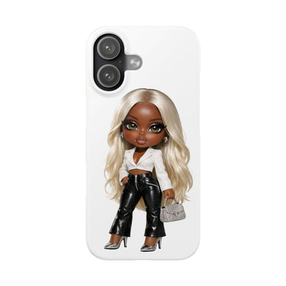 Slim Phone Case — Fashion Doll Girl with Blonde Hair, Leather Pants & Silver Handbag