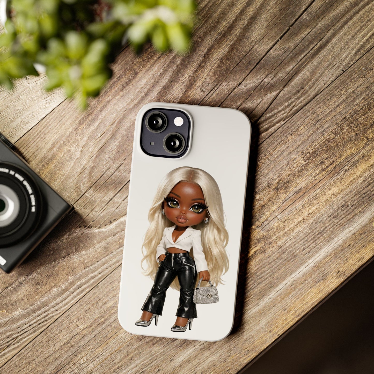Slim Phone Case — Fashion Doll Girl with Blonde Hair, Leather Pants & Silver Handbag