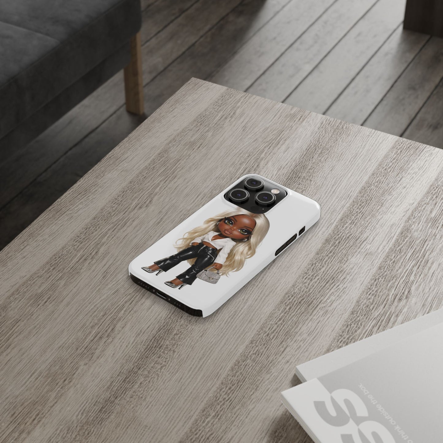 Slim Phone Case — Fashion Doll Girl with Blonde Hair, Leather Pants & Silver Handbag