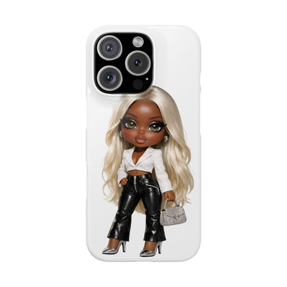 Slim Phone Case — Fashion Doll Girl with Blonde Hair, Leather Pants & Silver Handbag