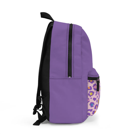 Purple Leopard Kids Backpack with Cute Doll Graphic — School Bag for Girls