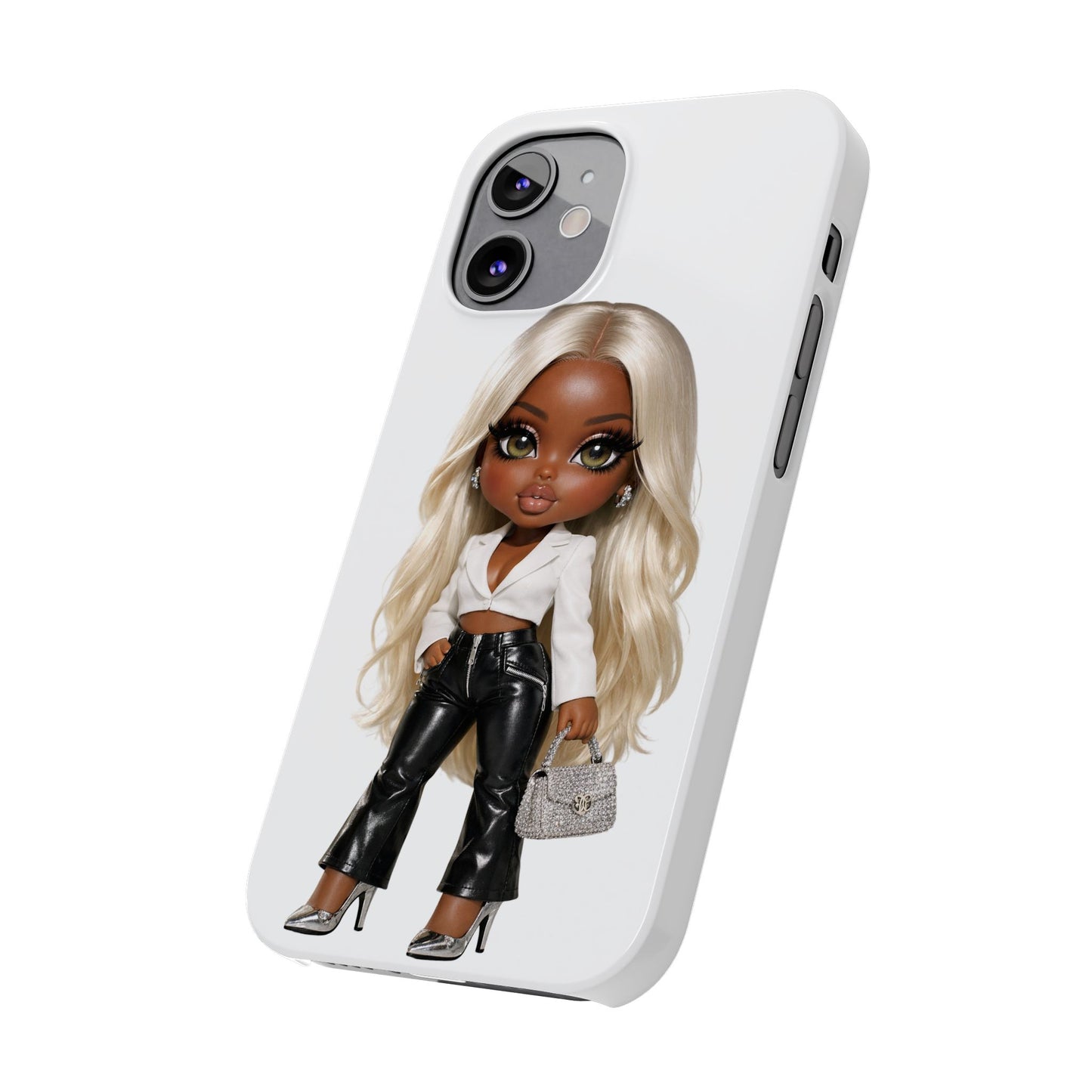 Slim Phone Case — Fashion Doll Girl with Blonde Hair, Leather Pants & Silver Handbag