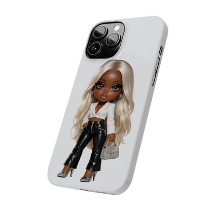 Slim Phone Case — Fashion Doll Girl with Blonde Hair, Leather Pants & Silver Handbag