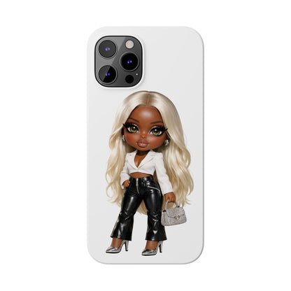 Slim Phone Case — Fashion Doll Girl with Blonde Hair, Leather Pants & Silver Handbag