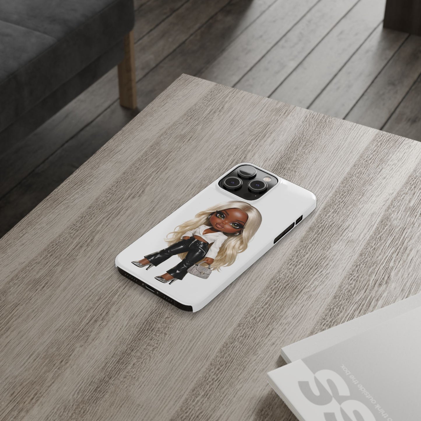 Slim Phone Case — Fashion Doll Girl with Blonde Hair, Leather Pants & Silver Handbag