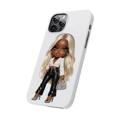 Slim Phone Case — Fashion Doll Girl with Blonde Hair, Leather Pants & Silver Handbag