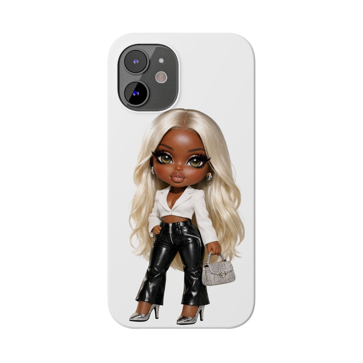 Slim Phone Case — Fashion Doll Girl with Blonde Hair, Leather Pants & Silver Handbag