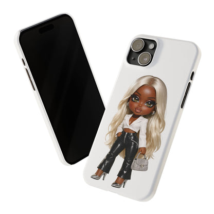 Slim Phone Case — Fashion Doll Girl with Blonde Hair, Leather Pants & Silver Handbag