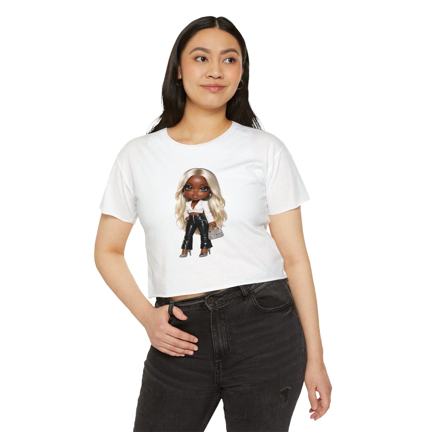 Women's Festival Crop Top — Blonde Doll Graphic Crop Tee for Trendy Festival Looks