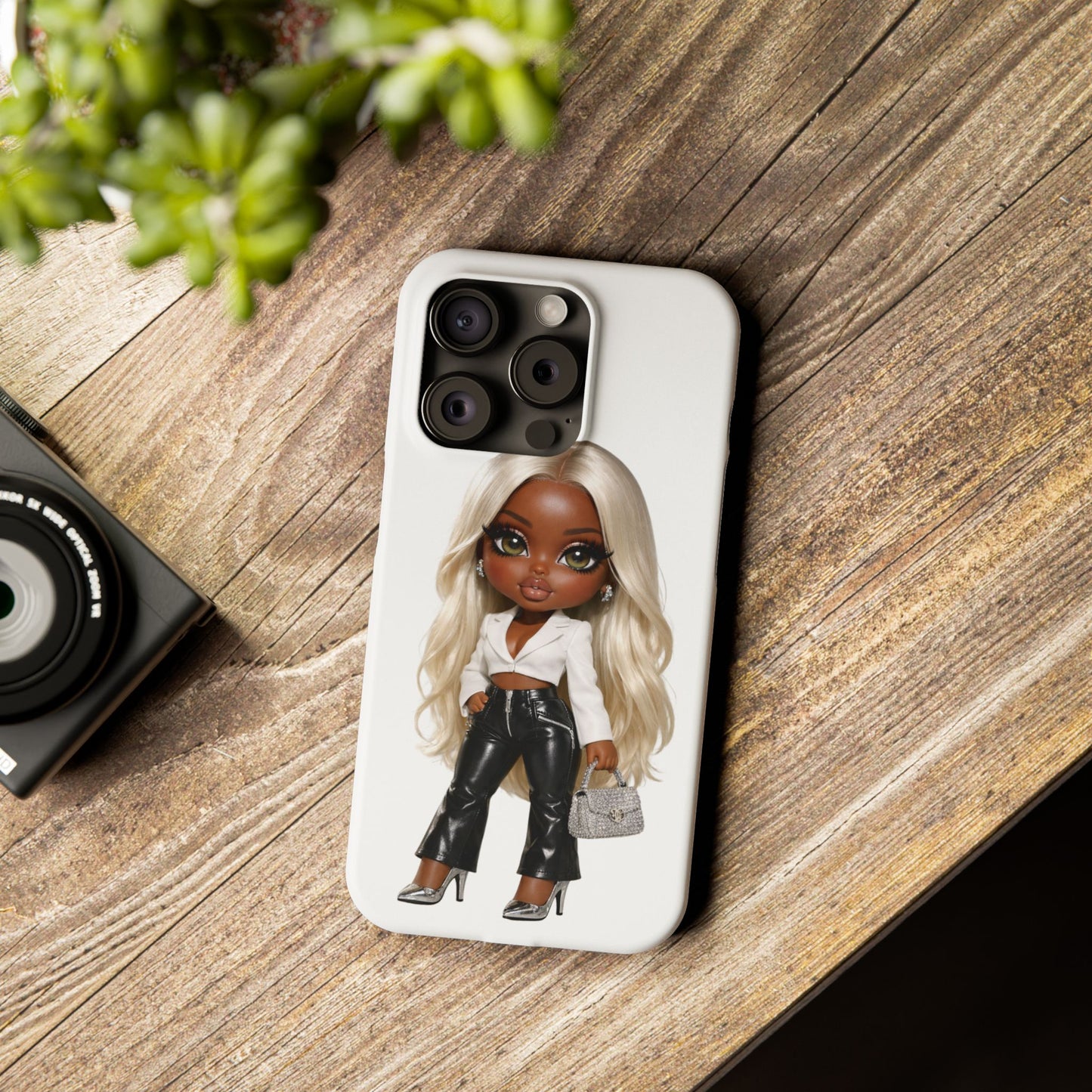 Slim Phone Case — Fashion Doll Girl with Blonde Hair, Leather Pants & Silver Handbag