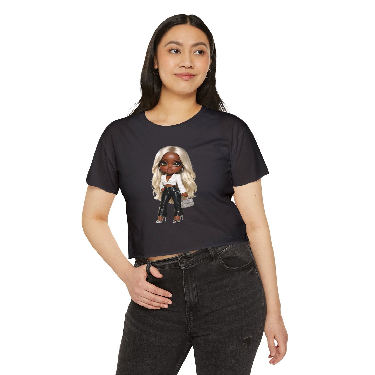 Women's Festival Crop Top — Blonde Doll Graphic Crop Tee for Trendy Festival Looks