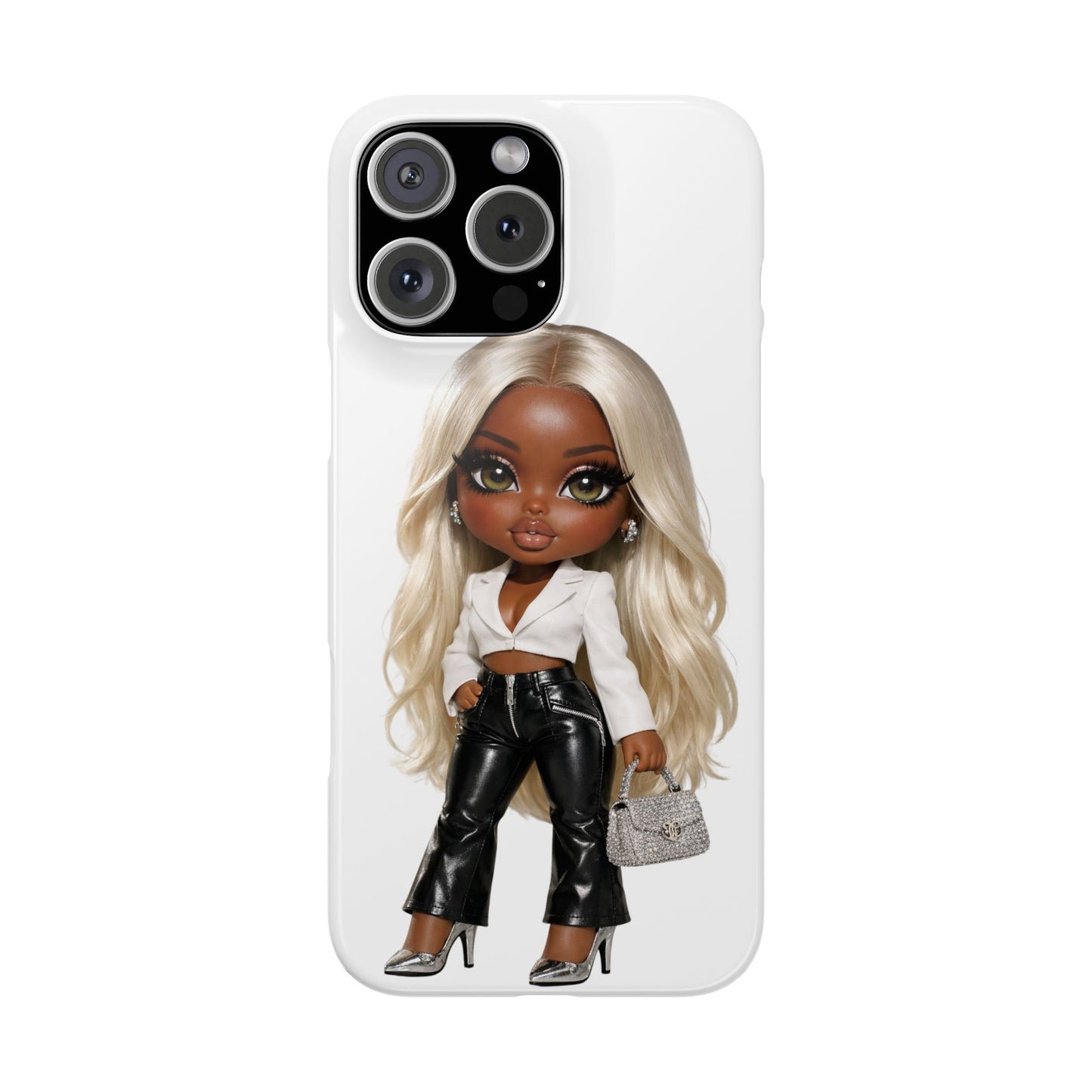 Slim Phone Case — Fashion Doll Girl with Blonde Hair, Leather Pants & Silver Handbag