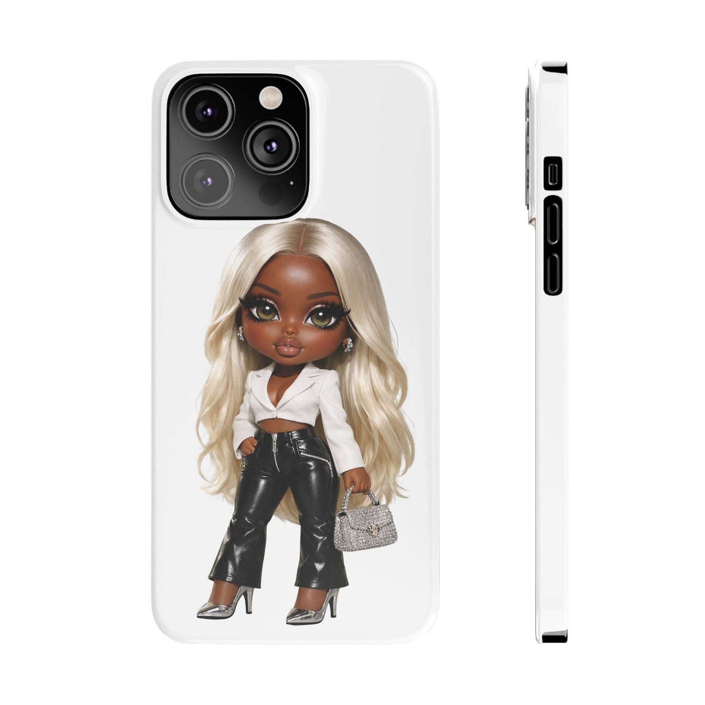 Slim Phone Case — Fashion Doll Girl with Blonde Hair, Leather Pants & Silver Handbag