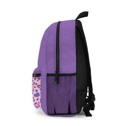Purple Leopard Kids Backpack with Cute Doll Graphic — School Bag for Girls