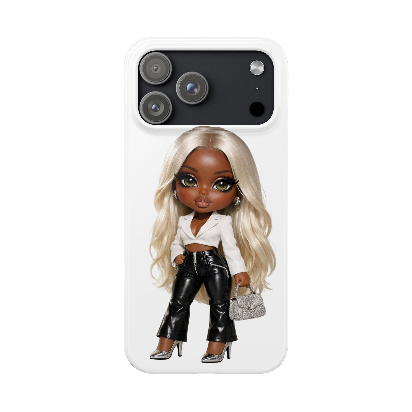 Slim Phone Case — Fashion Doll Girl with Blonde Hair, Leather Pants & Silver Handbag