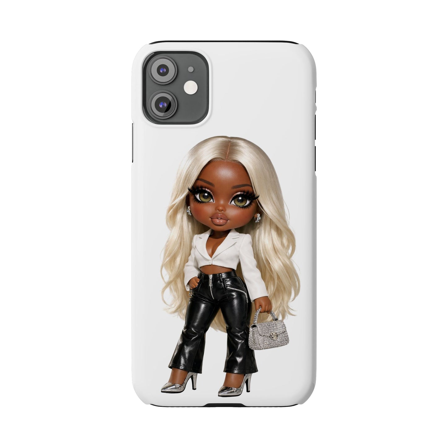 Slim Phone Case — Fashion Doll Girl with Blonde Hair, Leather Pants & Silver Handbag