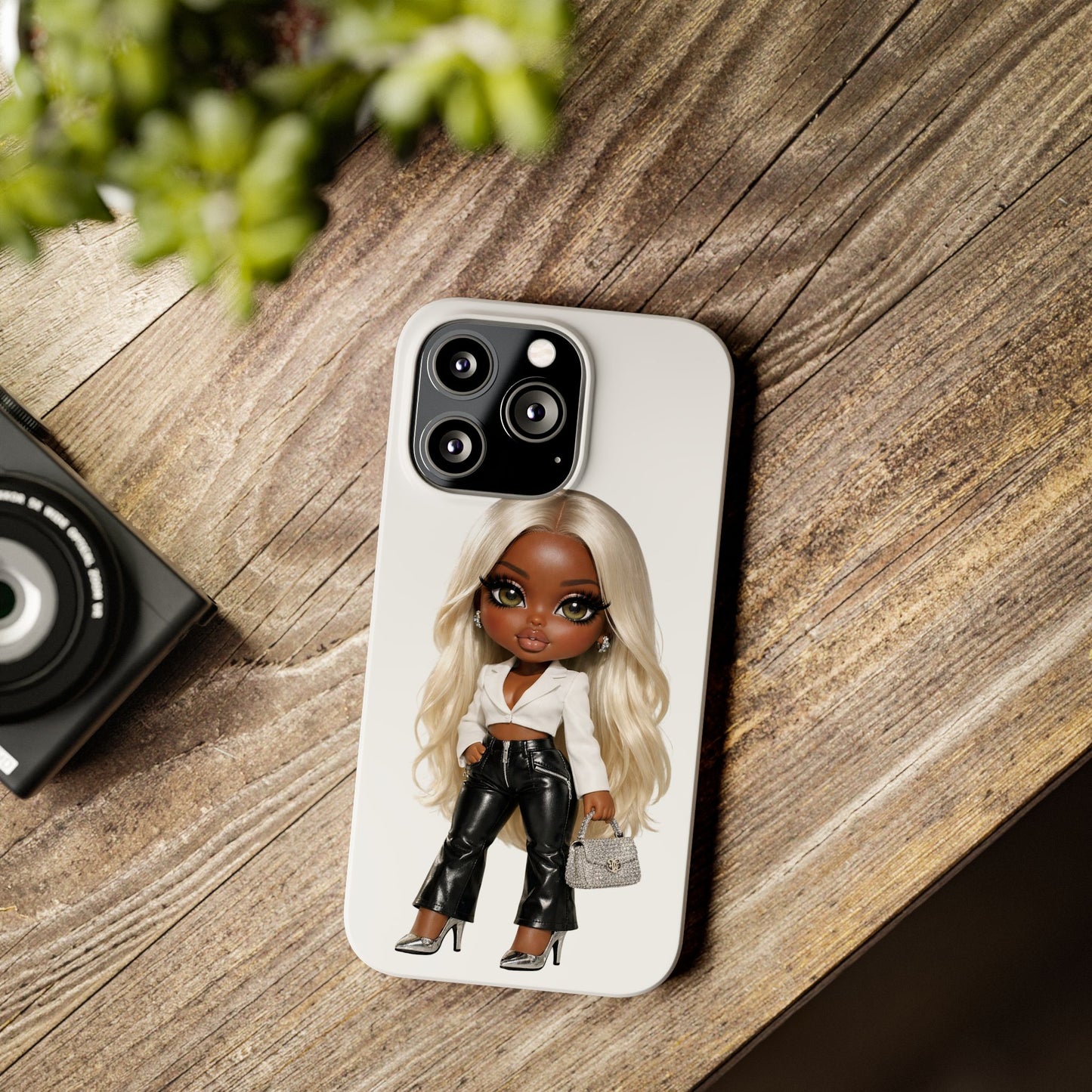 Slim Phone Case — Fashion Doll Girl with Blonde Hair, Leather Pants & Silver Handbag