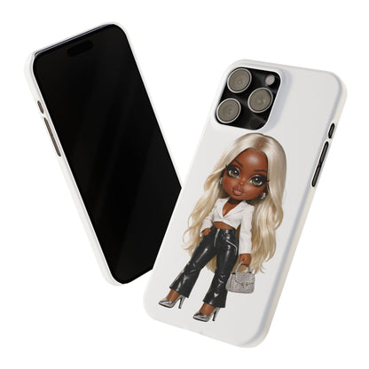 Slim Phone Case — Fashion Doll Girl with Blonde Hair, Leather Pants & Silver Handbag